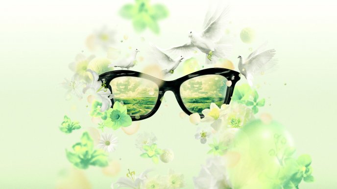 Glasses, white doves and flowers - Nature