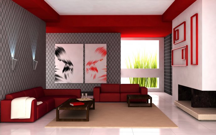 Red and gray living room HD wallpaper