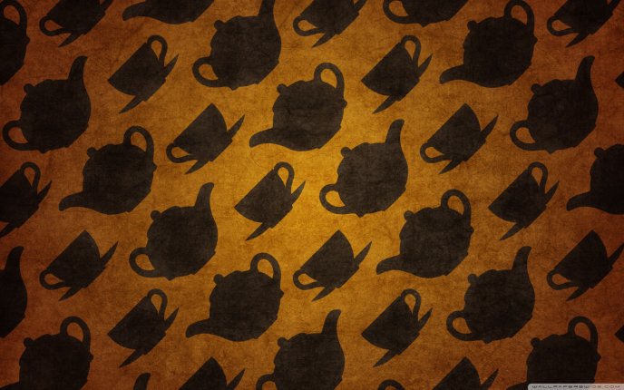 Wallpaper with cups and kettle for tea and coffee