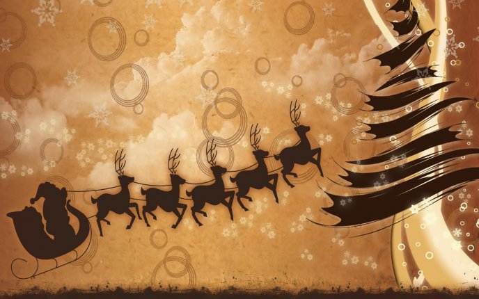 Santa Claus and reindeer flying HD drawing wallpaper
