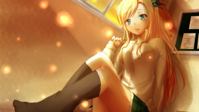 Beautiful blonde anime girl - orange light