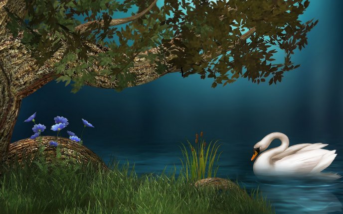 White swan on the lake - digital art wallpaper