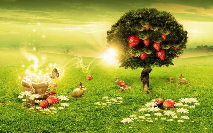 Magic abstract garden - strawberries in a tree