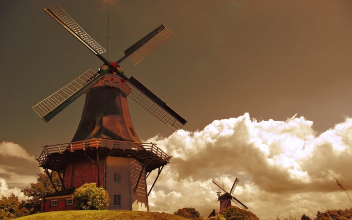 Wooden house and Windmills - HD nature wallpaper