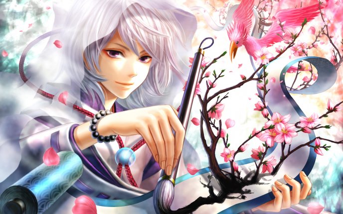 Beautiful painter anime boy - real tree on the paper