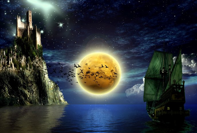 Big moon on the sea - fantasy HD wallpaper in the night