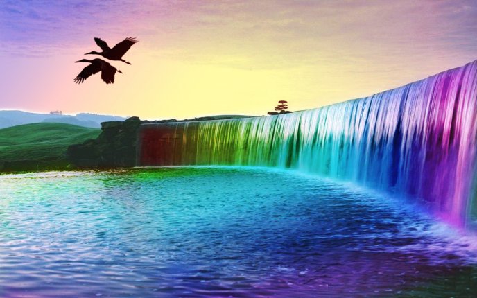 Rainbow waterfall and two lovely birds