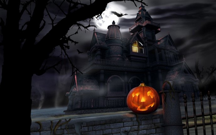 Pumpkin on the fence - scary castle