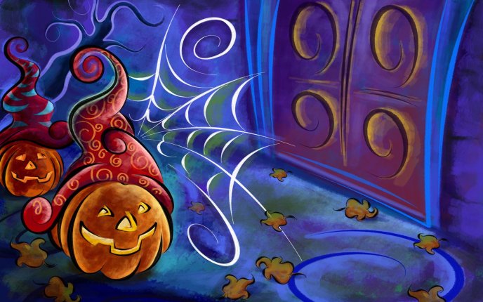 Halloween pumpkins and spider web - drawing HD wallpaper