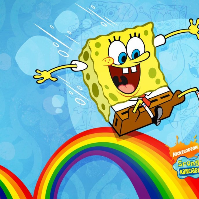 Funny cartoons - lovely spongebob run on the raibow