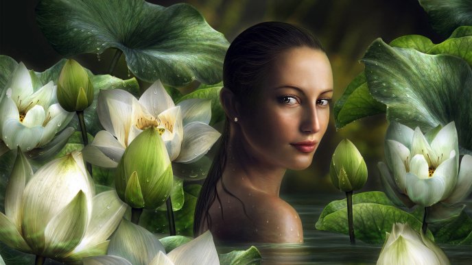 Girl in the water between white lilies - Fantasy wallpaper