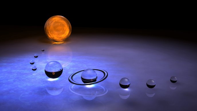 Abstract Solar System - Black and blue 3D planets