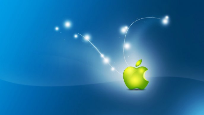 Bright green apple logo on blue background