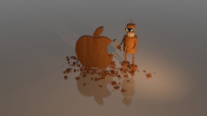 Wood apple logo sculpture and a small robot