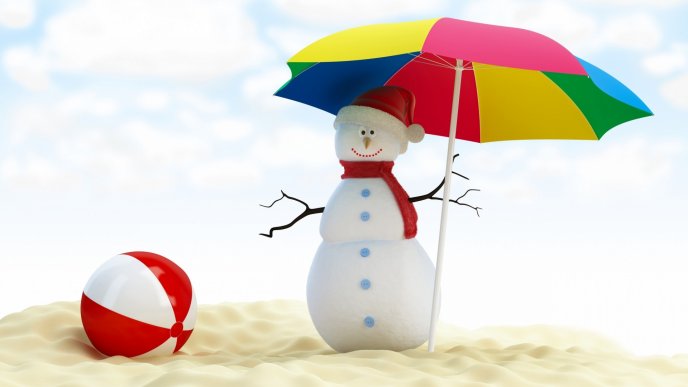 A snowman under an umbrella on beach - Funny wallpaper