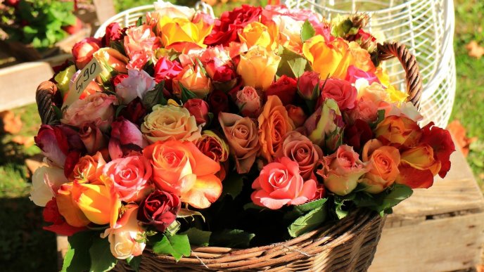A stunning basket with colorful roses