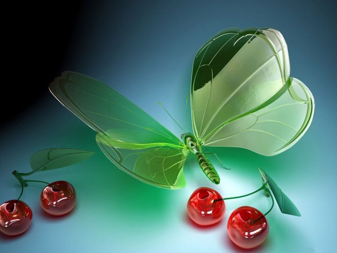 3D digital art - butterfly and cherries from glass