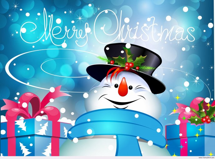 Funny snowman with presents - Merry Christmas