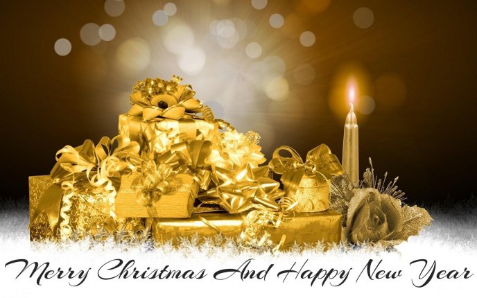 Merry Christmas and Happy New Year - golden presents