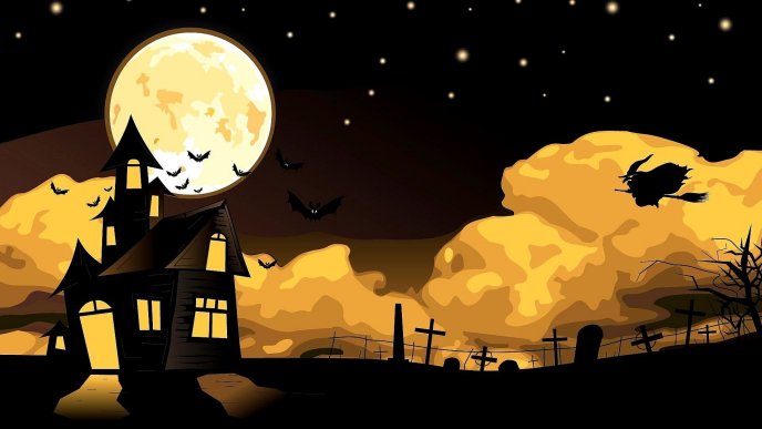Scary Halloween night - Witch and bats on the dark sky