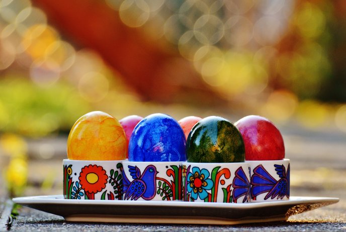 Easter eggs in funny cups - Happy Spring Holiday