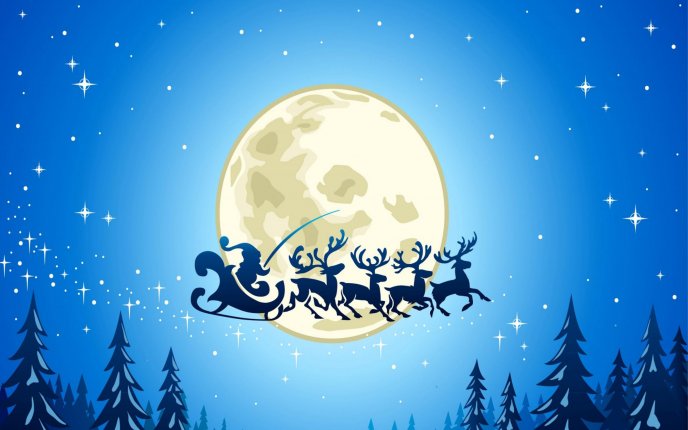 Night fly - Santa Claus and reindeers on the blue sky