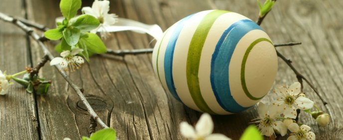 White blue and green Easter egg - Blossom flowers on a table