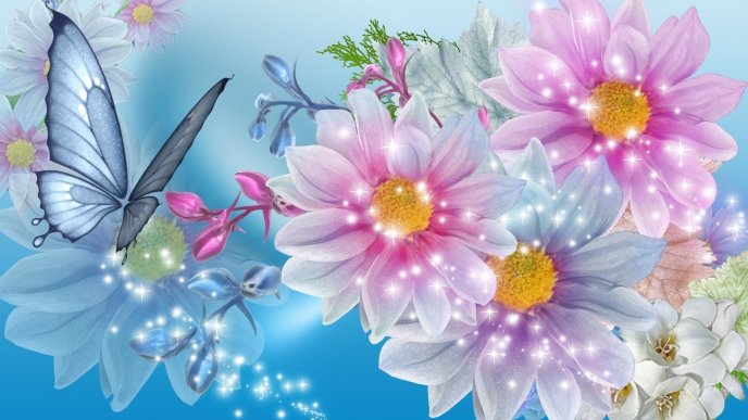 Blue butterfly and colourful flowers - Digital art design