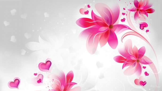 Pink flowers and hearts - Romantic HD wallpaper