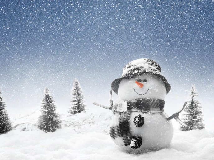 Winter snowy day - Little snowman in the mountain