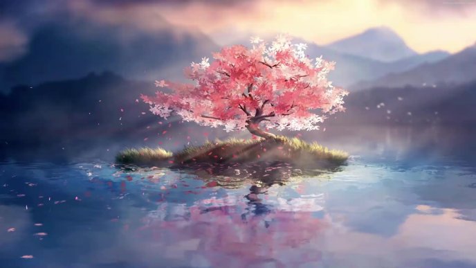 Beautiful painted blossom tree in the middle on the lake