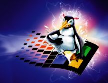 Angry Linux penguin destroying the Windows logo