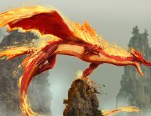 Flaming Dragon on a rock cliff