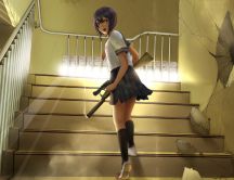 Anime - angry girl with a rifle on the stairs