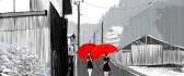 Rain over gray city - two girl with red umbrellas