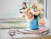 Painting - vase of flowers on a stack of books HD wallpaper