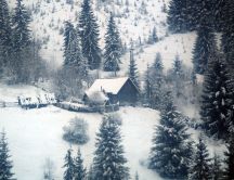 Winter landscape - cabin on a mountain top