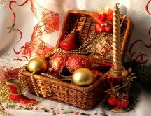 Straw basket filled with Christmas decorations HD wallpapers