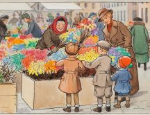 With the kids at the flower market - drawing wallpaper