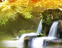 Spring landscape - sunshine and waterfall