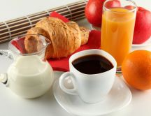 Delicious and healthy breakfast - juice, milk and coffee