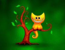Yellow cat in the tree - funny drawing wallpaper