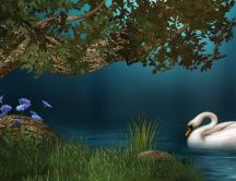 White swan on the lake - digital art wallpaper