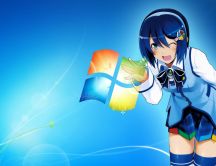 Anime girl with blue hair playing with windows logo