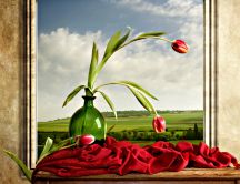 A vase with red tulips on window