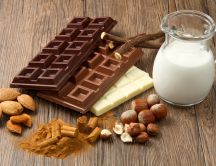 Three type of chocolate and a glass of milk - HD wallpaper
