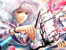 Beautiful painter anime boy - real tree on the paper