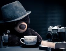 Cute wallpaper - teddy bear drink coffee and take photos
