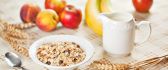 Healthy breakfast - cereals with milk and fruits