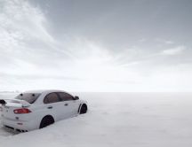 White Mitsubishi in the beautiful snow - HD winter wallpaper